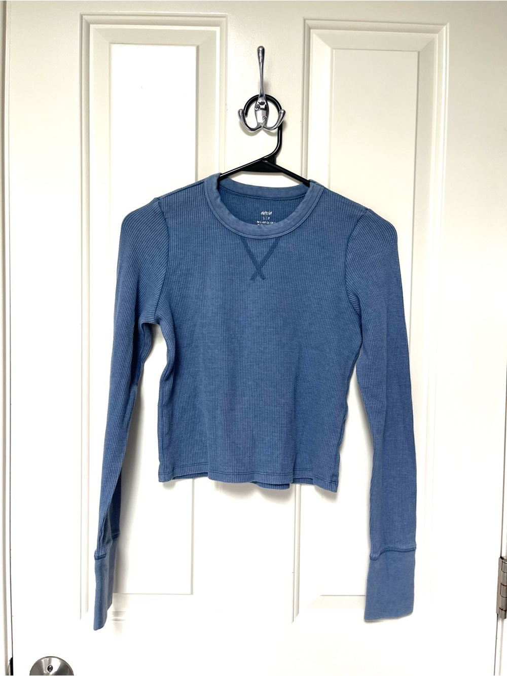 Aerie Gray-Blue Long Sleeved Waffle-Knit Shirt Slightly Cropped Women’s S